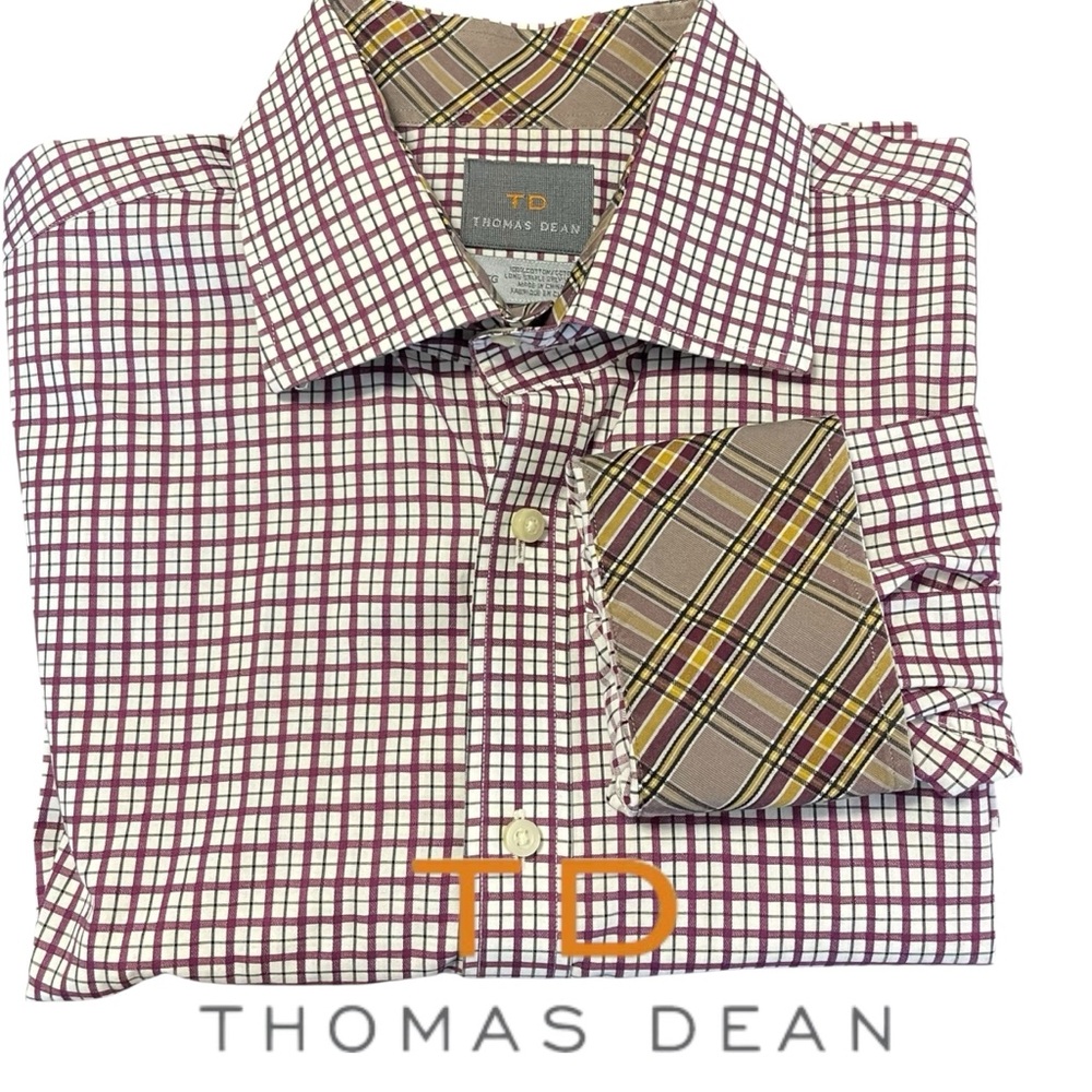 Thomas Dean Plum/White/Black Check Cotton Button Up Shirt (XL)